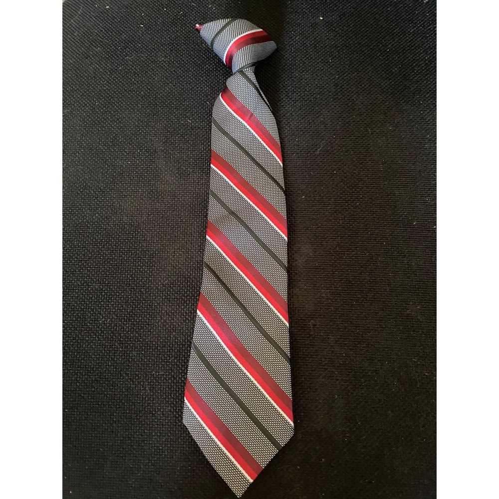 Mens Red Black Grey Striped Clip-On Necktie Polyester Pre-Tied Formal Tie